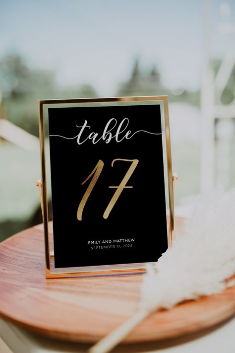 WHAT IS INCLUDED: Table numbers - Digital template Sizes included: 4x6, 5x7 inches If you need a custom size, please ask. ✅DEMO LINK: https://templett.com/design/demo/visual/11551515,11551514 MATCHING TEMPLATES: https://www.etsy.com/shop/VisualisingDreams?search_query=bgd019 🖨️ PRINTING: https://printsoflove.com/ref/visualisingdreams/ With countless customization options, this template is easily customizable to all events and easy to match with your colors. WHAT YOU CAN CHANGE ON TEMPLATES: - E Black And Gold Table Numbers, Black And Gold Table Decorations, Black Table Numbers, Unique Table Numbers Wedding, Gold Table Numbers Wedding, Black Wedding Decorations, Gold Wedding Signs, Table Number Template, Black And Gold Wedding