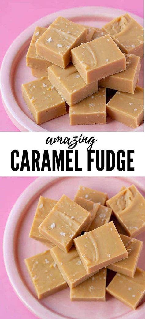 Buttery Salted Caramel Fudge made with just five ingredients. This easy caramel fudge recipe is made with sweetened condensed milk, brown sugar and white chocolate. It's the perfect treat for a bite-sized dessert or holiday gifts. Recipe from sweetestmenu.com #caramel #fudge #christmas Easy Caramel Fudge Recipe, Caramel Fudge Recipe, Fudge Christmas, Fudge Caramel, Fudge Dessert, Homemade Fudge Recipes, Caramel Treats, Fudge Ingredients, Easy Caramel