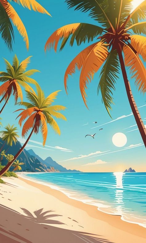 Beach Aesthetic Wallpaper Drawing, Goa Background, Hawaii Background, Star Wars Travel Posters, Arts Wallpapers, Tropical Mural, Drawing Sunset, Beach Wall Murals, Brand Profile