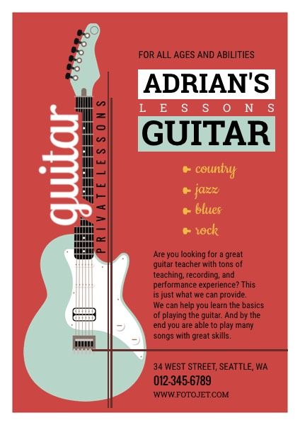 Promotional Flyer Design, Class Poster Design, Guitar Classes, Instagram Story Ads, Old Film Posters, Class Poster, Guitar Posters, Linkedin Background, Guitar Teacher