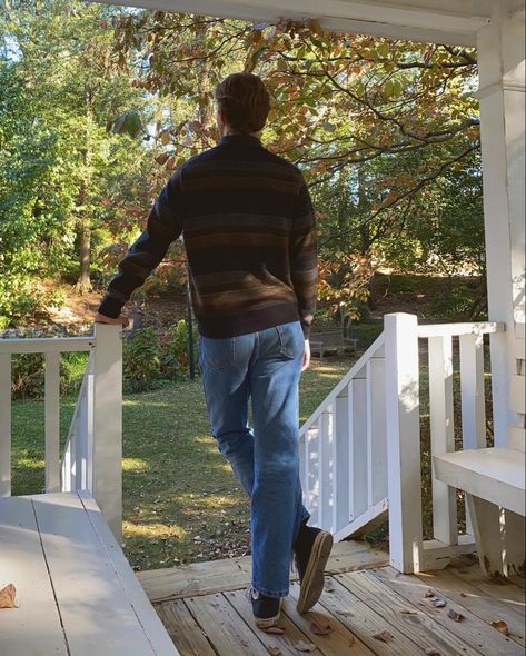 sweater autumn gazebo pavilion fall style old money casual garden leaves converse jeans aesthetic standing man boy Soft Man Aesthetic, Tall Man Aesthetic, Autumn Boy Aesthetic, Old Man Aesthetic, Old Money Casual, Gazebo Pavilion, Book Mood, Jeans Aesthetic, Fall House