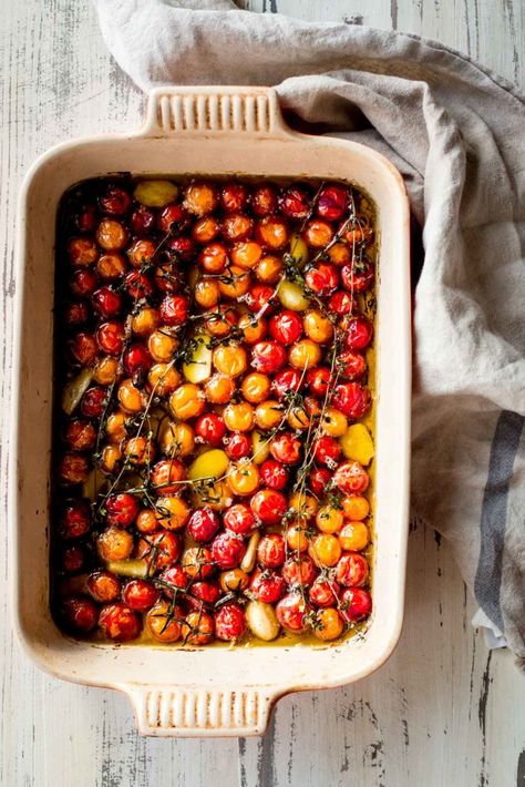 Cherry Tomato Confit - Dishing Up the Dirt Cherry Tomato Confit, Tomato Confit, Confit Recipes, Garlic Confit, Roasted Cherry Tomatoes, Harvest Recipes, Cherry Tomato, Tomato Recipes, Vegetable Recipes