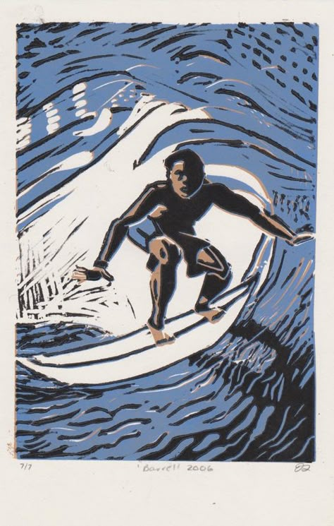 "Barrell" 2006 linocut print by Jessica Dyball. http://jessdyball.tumblr.com/. Tags: Linocut, Cut, Print, Linoleum, Lino, Carving, Block, Woodcut, Helen Elstone, Sea, Man, Surfing, Surfer, Human, Waves. Surf Painting, Lino Art, Art Terms, Aloha Spirit, Linocut Art, Artistic Inspiration, Tropical Art, Fine Artist, Surf Art