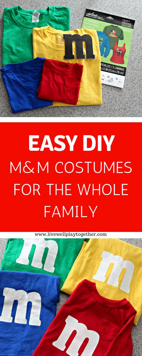 Last Minute DIY M&M Costumes - Live Well Play Together Family M&m Costumes, M&m Family Costume, M And M Costume Diy, M And M Halloween Costumes Group, M M Costume Group, M&m Halloween Costumes, M And M Costume Group, Easy Diy Family Costumes, M M Halloween Costume Group