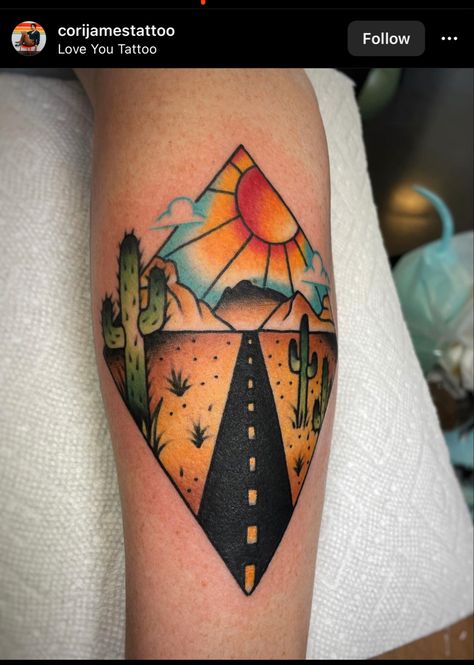 Joshua Tree Desert Tattoo, Arizona Themed Tattoos, Desert Landscape Tattoo, Arizona Tattoo Ideas, Az Tattoo, New Mexico Tattoo, Adoption Tattoo, Desert Tattoo, Plant Tattoos