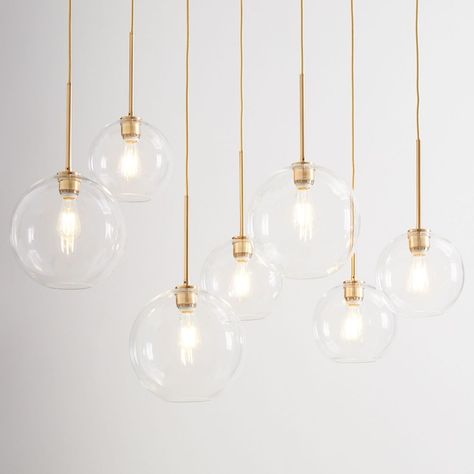 Sculptural 7 Light Chandelier Antique Brass Clear Glass Globe Mixed (45") | West Elm Glass Globe Pendant Lights, Glass Ball Pendant Lighting, Glass Globe Pendant Light, Ball Pendant Lighting, Lights Hanging, Globe Pendant Light, Kitchen Lights, Globe Chandelier, Room Chandelier