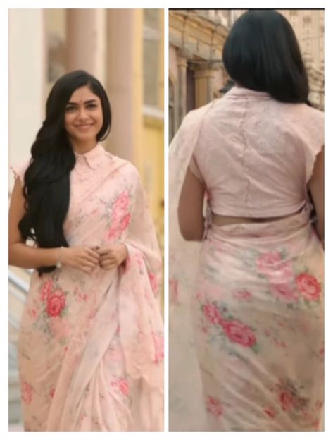 Mrunal Thakur Saree In Sita Ramam, Mrunal Thakur Sita Ramam Outfits, Sitaramam Blouse Designs, Seeta Ramam Blouse Design, Seetha Ramam Saree Blouse, Sita Ramam Saree Looks, Sita Ramam Saree, White Blouse Designs, Sita Ramam