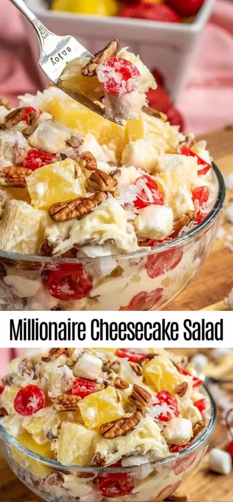 Millionaire Cheesecake Salad is a delicious fruit salad recipe that everyone will love! It's loaded with fruit and a creamy cheesecake filling to create the most glorious fruit salad ever (or fruit dessert). It makes a great make ahead Easter dessert and it's no bake so you have once less thing in the oven before a big holiday dinner! It also makes a great side or dessert for summer potlucks! Millionaire Cheesecake, Millionaires Cheesecake, Cheesecake Fruit Salad, Cheesecake Salad, Salad Mixes, Fruit Desserts Easy, Fruit Salad Recipe, Fruit Dessert Recipes, Mediterranean Salad