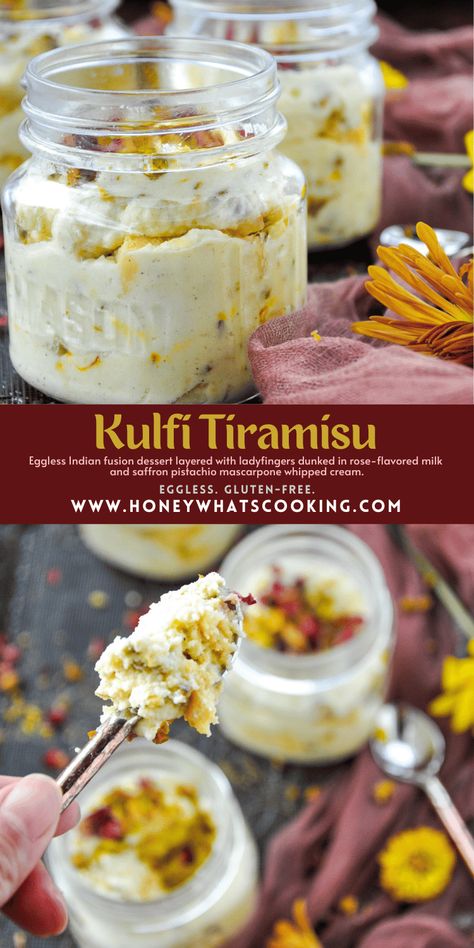 Indian fusion dessert layered with ladyfingers dunked in rose-flavored milk and saffron pistachio mascarpone whipped cream. Dessert After Dinner, Diwali Food Recipes, Indian Tiramisu, Savory Cake Recipes, Kulfi Tiramisu, Unique Tiramisu, Tiramisu Eggless, Easy Eggless Desserts, Unique Dessert Ideas