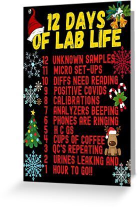 4" x 6" cards for every occasion. Digitally printed on heavyweight stock. Uncoated blank interior provides a superior writing surface. Comes with a kraft envelope. Additional sizes are available. This UNIQUE 12 DAYS OF LAB LIFE CHRISTMAS LABORATORY/LAB DESIGN is perfect for Laboratory Professionals Medical Techs Technicians Scientist Science Teacher Science Geek or Biology lover. CUTE GIFT IDEA!! Christmas Laboratory, Biology Lover, Laboratory Scientist, Teacher Science, Medical Laboratory Scientist, Lab Week, Lab Design, Laboratory Technician, Science Geek