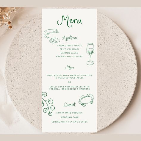 Menu and Name Card Place card Wedding Template, Hand drawn line art illustrated wedding party food menu, Whimsical wedding menu bow scribble Minimalist Wedding Menu Template, Modern Script Wedding Dinner Menu, Printable, Digital Download, Reception Dinner Menu Editable This is a INSTANT DOWNLOAD Do it your self template. You will receive an email with a link to your template - this is automatically sent and may take a few minutes to process. Follow the link to the template, edit online in Corjl Wedding Party Food, Wedding Menu Ideas, Party Food Menu, Wedding Food Menu, Printable Menu Template, Menu Printable, Menu Designs, Wedding Menu Template, Reception Dinner