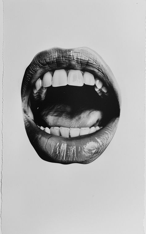 vintage black and white photograph of teeth, cut in half with the top lip facing upwards and showing all its teeth and the bottom lip facing down, printed on slightly grayish paper --v 6 Teeth Drawing, Photoshop Tutorial Graphics, Surreal Tattoo, Dental Art, Bottom Lip, Tattoo Portfolio, Black And White Photograph, Vintage Black And White, Collage Background