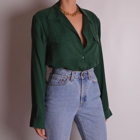 Stellar Vintique on Instagram: “SOLD Loveliest vintage forest green silk blouse. Fits S-L {shop link in bio} Happy New Year stellar babes! This year we have resolved to be…” Silk Shirt Outfit, Green Silk Shirt, Green Silk Blouse, Bio Happy, Blouse Fits, Vintage Forest, Girl Fits, Winter Fits, Green Silk