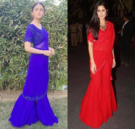 Alia Bhatt Katrina Kaif look stunning wearing the same sharara saree. See pics  Hindustan Times Sharara Saree Style, Alia Saree, Sharara Saree, Alia Bhatt Saree, Classy Saree, Desi Wedding Dresses, Long Dress Design, Indian Gowns Dresses, Manish Malhotra