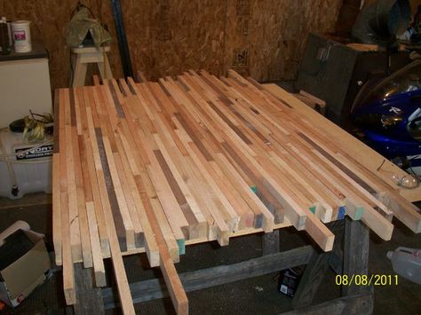 Thinking I could rip the hardwood flooring that is in MFK pantry room and make the counter top for our island. Butcher Block DIY Butcher Block Diy, Table Top Diy, Butcher Block Dining Table, Furniture Poster, Shipping Furniture, Diy Butcher Block, Butcher Block Table, Outdoor Kitchen Countertops, Diy Table Top