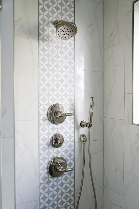 Adding an accent tile to your shower can elevate the space in ways you never expected. It's a pleasant surprise and adds a level of luxury to the space! There are so many tile options waiting for you, and two of our favorites are marble and zellige. Accent Wall In Shower Tile, First Floor Remodel, Timeless Tile, Shower Accent Tile, Marble Shower Tile, Nantucket House, Tile Accent Wall, Tile Options, Primary Bathroom