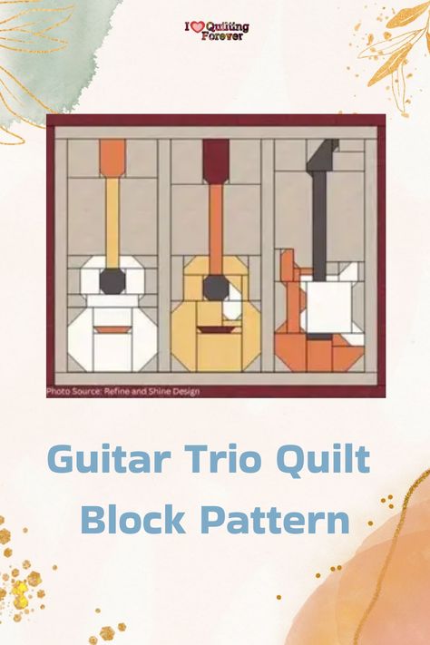 Craft a melodic masterpiece with the Guitar Trio Quilt Block Pattern from Refine and Shine Design. Instantly download patterns for acoustic, folk, and electric guitar blocks in four sizes, adding musical flair to your quilting. Music Sewing Projects, Guitar Quilt Pattern Free, Music Themed Quilts, Guitar Quilt Pattern, Recycle Fabric Scraps, Music Quilt, Guitar Quilt, Quilt Pictures, Guitar Patterns