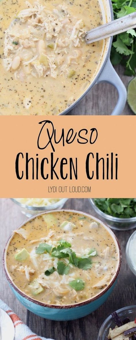 Delicious Queso White Bean Chicken Chili White Chicken Chili Recipe Crockpot, Queso Chicken, Delicious Chili Recipe, White Chicken Chili Slow Cooker, White Chicken Chili Recipe, Chicken Chili Crockpot, White Bean Chicken Chili, Crockpot White Chicken Chili, White Chili Chicken Recipe