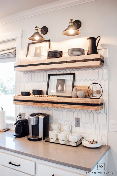 Smart Home Lighting - Taryn Whiteaker Kitchen Shelves Styling, Kitchen Shelf Styling, Kitchen Floating Shelves, Kitchen Shelf Decor, Floating Shelves Kitchen, Open Kitchen Shelves, Home Coffee Bar, Coffee Bar Home, Shelf Styling