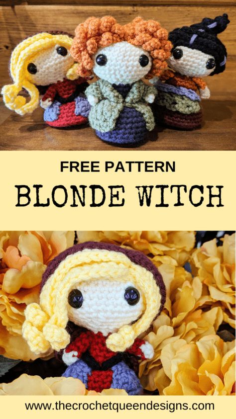 This Set Of Crocheted Sanderson Sisters from Hocus Pocus Will Look Glorious In Your Home Blonde Witch, Crochet Queen, Crochet Disney, Yarn Bee, Halloween Crochet Patterns, Pola Amigurumi, Crochet Fall, Crochet Amigurumi Free, Holiday Crochet