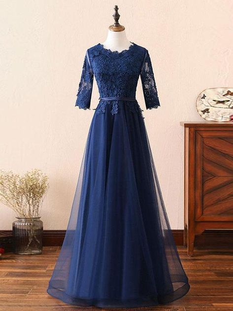 1.Silhouette: A-line 2.Fabric: Tulle 3.Embellishment: Beaded Appliques 4.Neckline: Scoop 5.Sleeve: 3/4 Length Sleeves 6.Waistline: Natural 7.Hem-length: Floor-length 8.Back Details: Lace-up 9.Fully Lined: Yes 10.Buit-In Bra: Yes 11.Boning:Yes 12.Show Color: As Picture Navy Blue Modest Dress, Dark Blue Prom Dress Long Sleeve, Modest Blue Prom Dresses, Navy Blue Lace Prom Dress, Prom Dress Long Sleeves, Bridal Essentials, Blue Lace Prom Dress, Prom Tips, Navy Prom Dresses