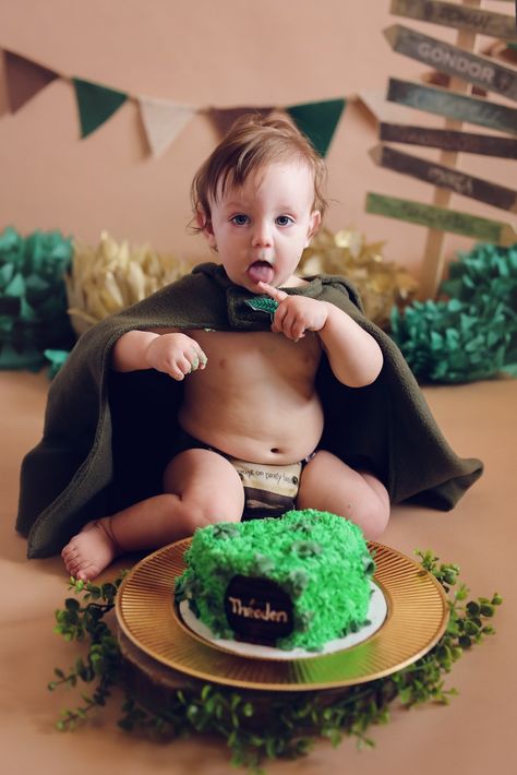 Lord of the Rings/Hobbit Cake Smash The Hobbit First Birthday, 1st Birthday Lord Of The Rings, Hobbit Smash Cake, Lotr Smash Cake, Lotr One Year Birthday, Hobbit Themed 1st Birthday, Lord Of The Rings Smash Cake, The Shire Birthday Party, Lord Of The Rings Photoshoot