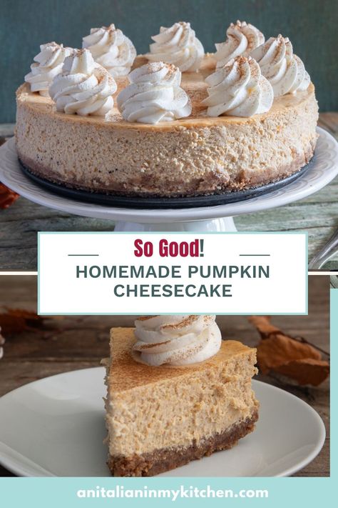 This homemade pumpkin cheesecake is made with a rich and creamy pumpkin filling full of warm spices atop a graham cracker crust. It’s perfect for fall and garnished with soft maple whipped cream. Fall Cheesecake Recipes, Best Pumpkin Cheesecake Recipe, Fall Cheesecake, Maple Whipped Cream, Easy Homemade Cookies, Pumpkin Filling, Easy No Bake Cheesecake, Pumpkin Pie Cheesecake, Pumpkin Cheesecake Recipes