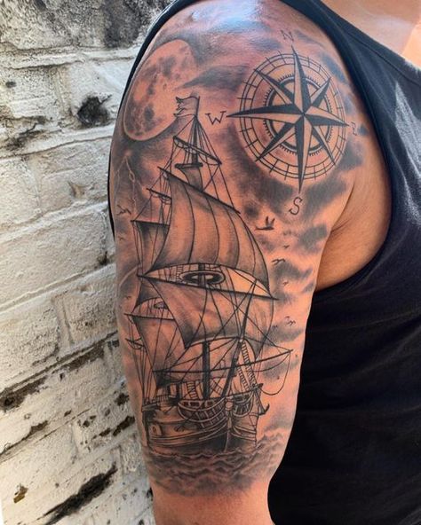 Compass Sailing Tattoo, Ship Sailing Tattoo, Sail Ship Tattoo, Nautical Ship Tattoo, Tattoos Men Sleeve, Ship Sleeve Tattoo, Nortical Tattoo Sleeve, Nautical Half Sleeve Tattoo, Navy Ship Tattoo