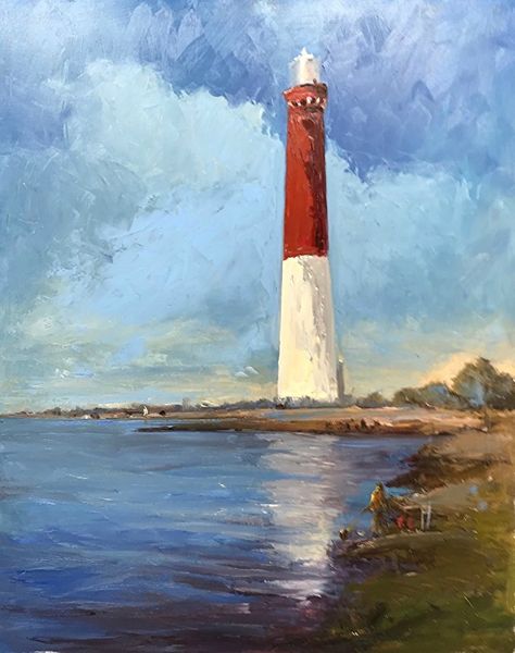 Artist Robert Waltsak, Old Barney, Oil Painting, Barnegat Lighthouse, NJ ~ 30 x 24 Lighthouse Oil Painting, Lighthouse Acrylic Painting, Art Exercises, Barnegat Lighthouse, Painting Board, Painting Landscapes, Oil Painting Nature, Boat Pictures, Lighthouse Painting