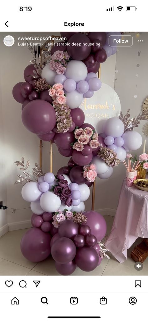 Plum Balloon Arch, Plum Birthday Party Decor, Mauve Pink Party Decor, Mauve Party Decor, Lavender And Rose Gold Party Decor, Purple Balloon Arch With Flowers, Mom Birthday Balloons, Purple And Rose Gold Party, Purple Floral Birthday Party