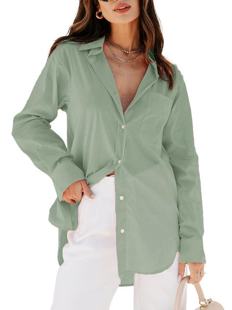 PRICES MAY VARY. Material: siliteelon womens Long Sleeve Button Down Shirts is made with Soft Cotton blend fabric. Wrinkle Free,Lightweight and skin-friendly, comfortable to wear.US SIZE: XS=(US=0-2), S=(US 4-6), M=(US 8-10), L=(US 12-14), XL=(US 16-18), 2XL=(US 20-22), 3XL=(US 24-26), 4XL=(US 28-30), 5XL=(US 32-34). We use American standard size. Please rest assured to purchase. Features: black button up shirts woman,white button down shirts for women, classic poplin shirt, dress shirts for wom Green Button Down Shirt Outfit, Work Formal, Black Button Up Shirt, Button Down Shirt Dress, Tunic Tops Casual, The Office Shirts, Women's Button Down Shirt, Casual Tunics, Collars For Women