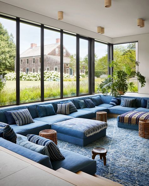 Step Inside this Classic-Meets-Contemporary East Hampton Compound | Architectural Digest Living Room With Step Down, Steps Inside House Ideas, Living Room Step Down, Steps Down To Living Room, Extra Long Sectional Sofa, Huge Sofa Living Room, Giant Living Room Ideas, Large Living Room Seating, Big Sofa Living Room