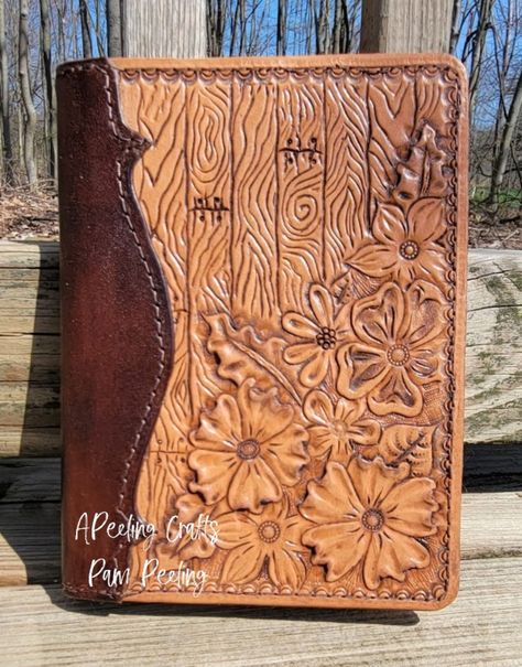 7.75" x 6"  cover fits any 7 1/8" x 5 1/8" notebook, journal or book. Diy Leather Engraving, Handmade Leather Work, Custom Leather Work, Leather Bible Cover, Leather Working Patterns, Leather Book Covers, Leather Tooling Patterns, Leather Bible, Tooling Patterns