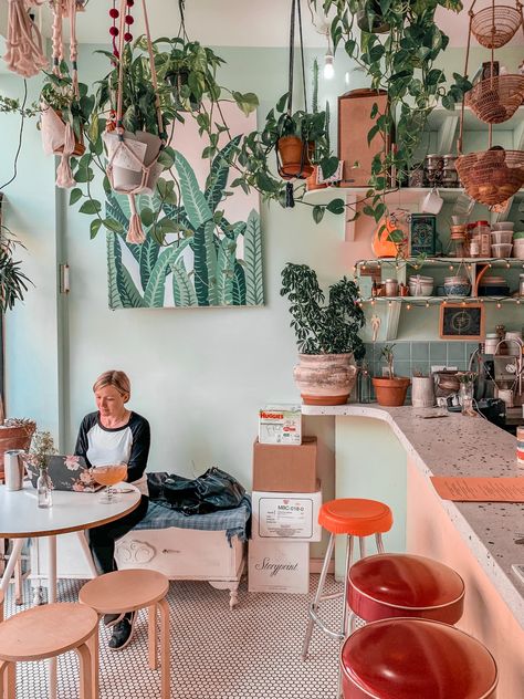 Plant heaven in a coffee shop! #coffeeshop #caffeine #plantheaven #coffeeshopdecor Coffee Shop Plants Decor, Coffee Plant Shop, Plant Coffee Shop, Bakery Shop Design, Bar Setup, Coffee Shop Interior Design, Coffee Shops Interior, Coffee Plant, Coffeehouse