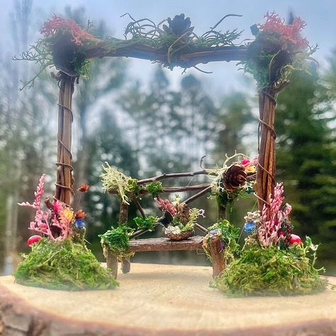 Fairy Gazebo, Garden Arbor Bench, Fairy Bench, Acorn Decor, Fairy Garden Bench, Arbor Trellis, Arbor Bench, Dyed Flowers, Acorn Decorations