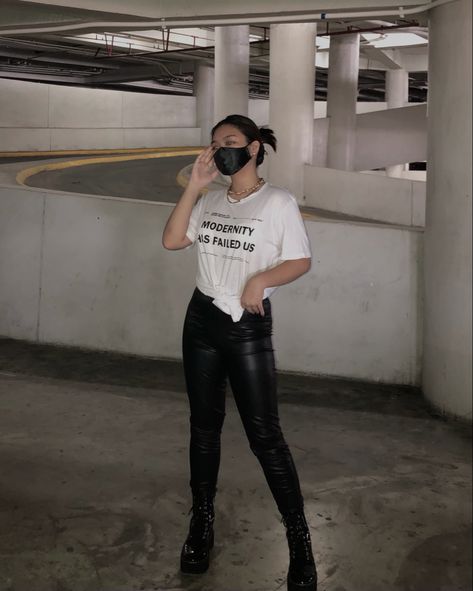 aesthetic outfit ideas | white graphic shirt, black leather pants, combat boots The 1975 Shirt, Leather Pants Outfit, Black Leather Pants, Aesthetic Outfit Ideas, White Shirt, Graphic Shirts, Combat Boots, Aesthetic Clothes, Leather Pants