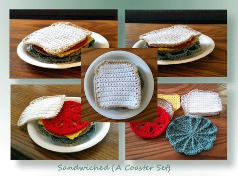 I added "Sandwiched (A Coaster Set)  free pattern" to an #inlinkz linkup!http://www.crochetmemories.com/blog/sandwiched-a-coaster-set/ Cool Coasters, Crochet Coaster Pattern, Food Patterns, Lunch Meat, Crochet Food, Crochet Kitchen, Crochet Dishcloths, Set Patterns, Play Food