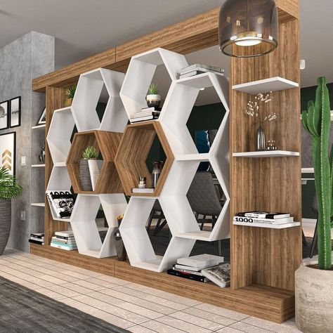 Hexagon Shelf Wall, Hexagon Bookshelf, Wall Partition Design, House Redesign, Wooden Main Door, Wooden Main Door Design, Hexagon Shelves, Furniture Details Design, Wall Shelves Design