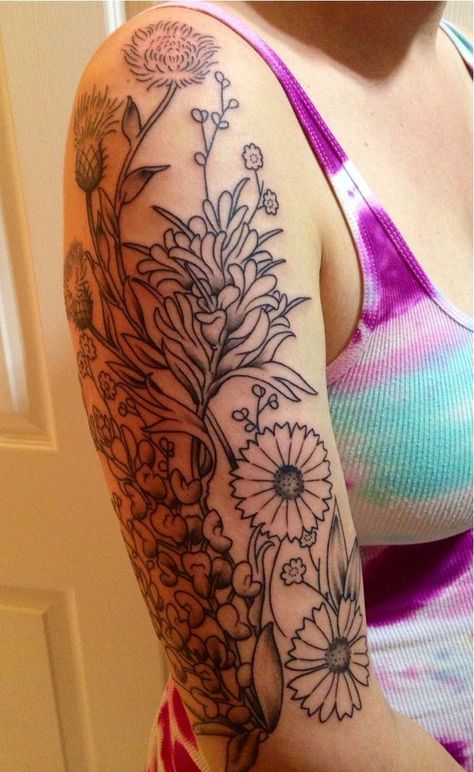 Wildflower tattoo Skin Color Tattoos, Texas Wildflowers, Tattoo Themes, Wildflower Tattoo, Bouquet Tattoo, Forearm Sleeve, Flower Tattoo Sleeve, 1 Tattoo, Tattoo Sleeve Designs