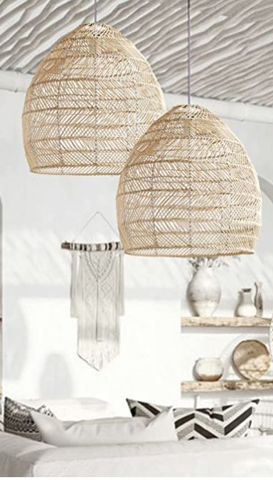 Gorgeous rattan pendant light shade with adjustable cord gives an amazing coastal or boho chic vibe to your kitchen, bathroom or bedroom. Looks great hung over the bar in your kitchen in pairs or even in a triple. Hang 2 uneven in your dining or living space. Or buy 2 and hang each over your nightstand in your bedroom. #affiliate Rattan Light, Rattan Light Fixture, Wicker Pendant Light, Rattan Chandelier, Living Room Light Fixtures, Bamboo Light, Cage Pendant Light, Hanging Lamp Shade, Cage Light