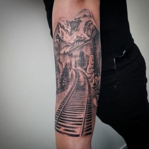 Railroad Tattoo, Train Tattoo, Leg Sleeve, Mountain Tattoo, Leg Sleeves, Line Tattoos, Tatting, Tattoo Ideas, Tattoo Designs