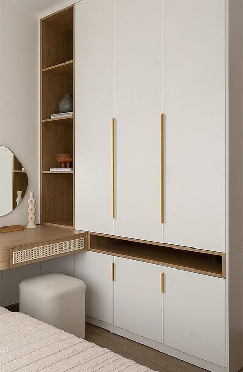 Daughters Room Wardrobe Design, Simple Bedroom With Wardrobe, Wardrobe With Drawers Below, Concealed Handles Wardrobe, Beige Wardrobe Bedroom, Guest Bedroom Wardrobe, Handles For Wardrobes, Wardrobe Handle Design, Wardrobe Design Modern Interiors