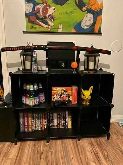 Naruto Room Ideas, Manga Shelf Ideas, Anime Rooms, Manga Shelves, Manga Shelf, Anime Bedroom Ideas, Nerd Room, Man Cave Room, Otaku Room