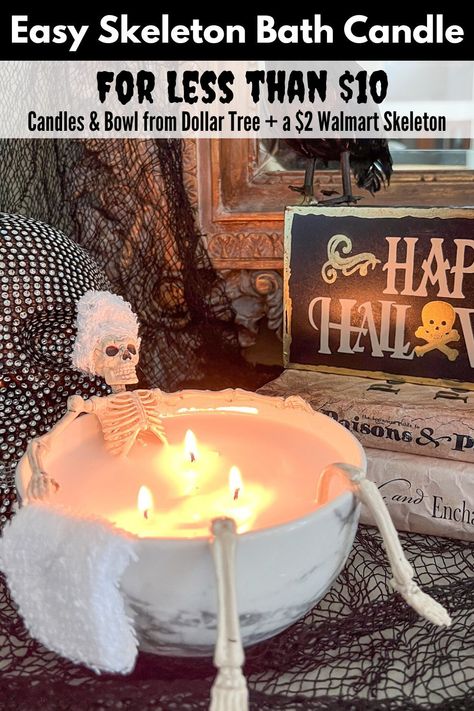 This DIY Halloween candle is a super inexpensive way to bring humor to your Halloween decorations with a bowl and candles from Dollar Tree and a two dollar WalMart skeleton! Diy Skeleton Bath Candle, Diy Skeleton Candle, Skeleton In Bathtub With Bubbles, Skeleton Bath Candle, Spooky Candles Diy, Skeleton Candle Diy, Halloween Diy Candles, Diy Halloween Candles, Diy Skeleton Decor