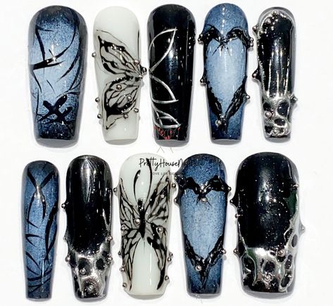 Thank you for stopping by and supporting a small business! #y2knailideas Nails With Coffins On Them, Butterfly Nails Y2k, Black Nails Prom Ideas, Dark Themed Nails, Dark Butterfly Nails, Black And Purple Short Nails, Gothic Birthday Nails, Gothic Nails Simple, Edgy Nails Grunge Coffin