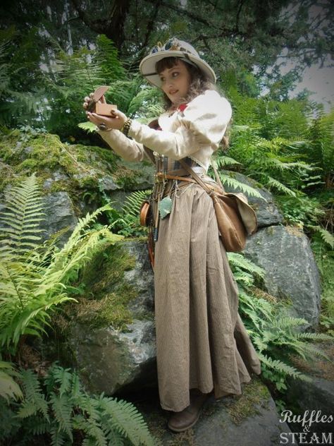 The lady archaeologist can be sensible as well as stylish Steampunk Adventurer Woman, Field Scientist Outfit, Steampunk Healer, Steampunk Archeologist, Archeologist Costume, Botanist Outfit, Steampunk Palace, Steampunk Botanist, Archaeologist Outfit