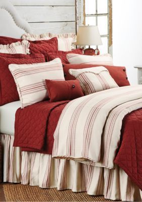 Red Master Bedrooms Decor, Bedroom With Red Accents, Rustic Master, Red Duvet, Red Duvet Cover, Farmhouse Coastal, Cheap Bedding, Striped Bedding, Striped Duvet