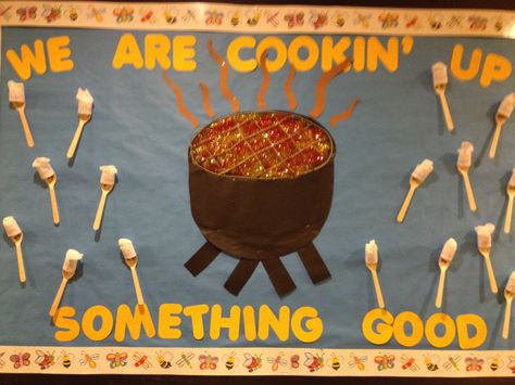 3D bulletin board with cookout theme Halloween Lunch Bulletin Boards, 3d Bulletin Boards, Cookout Theme, Kitchen Bulletin Boards, Camping Bulletin Boards, Cafeteria Bulletin Boards, Nutrition Bulletin Boards, Fcs Classroom, Cafeteria Decor