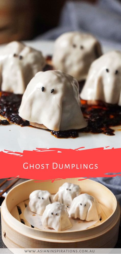 Here's our step-by-step recipe to make Ghost Dumplings with a delicious pork filling. Check out this Halloween dumpling recipe. Recipe by Asian Inspirations. #halloween #halloweenfood #ghostdumplings #dumplingsrecipe #halloweenfoodrecipe #halloweenideas #halloweenfoodideas #halloweenfoodrecipes #halloweenfoodcrafts Dumplings Asian, Halloween Food Crafts, Creepy Food, Spooky Dinner, Creepy Halloween Food, Halloween Food Dinner, Spooky Food, Authentic Chinese Recipes, Halloween Food Treats