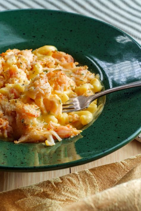 Seafood lovers unite! This seafood mac and cheese is the ultimate comfort food! Made with layers of fresh lobster, lump crab, and shrimp, and a decadent white cheese sauce, it's the elevated twist to America's favorite dish! Air Fryer Sheet, Water Cornbread Recipe, Cornbread Southern, Hot Water Cornbread Recipe, Dutch Oven Roast Chicken, Southern Squash, Crab Bake, Water Cornbread, White Cheese Sauce